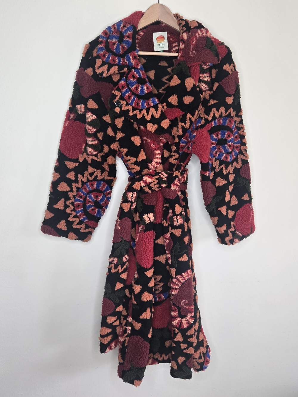 Farm Rio Jungle Snake Fruit Belted Fleece Coat Wrap Jacket Textured Boho - Picture 2 of 11